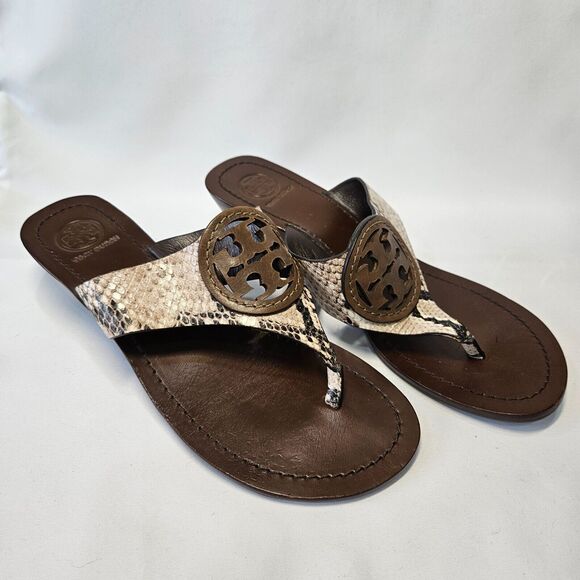 Tory Burch Womens Louisa Wedge Sandals Size 8 Leather Snakeskin Open Toe Dressy - Picture 1 of 12